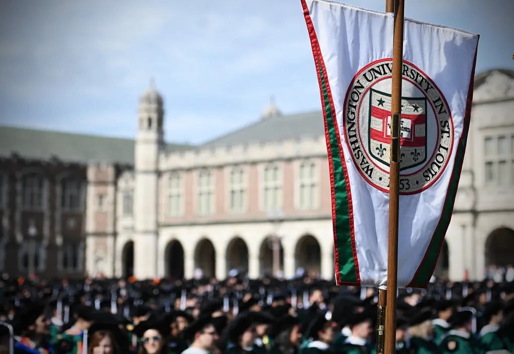 WashU banner at graduation ceremony